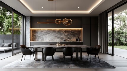 Contemporary dining space with a rectangular marble table, black leather chairs, and a bold statement light fixture, complemented by a modern rug underfoot