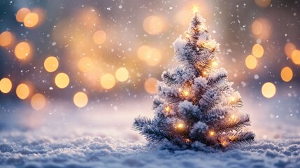 A snow-covered Christmas tree with twinkling lights stands in a snowy landscape, illuminated by warm, festive bokeh.