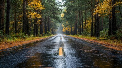 Naklejka premium Quiet road after rain in pine forest, fresh and rejuvenating