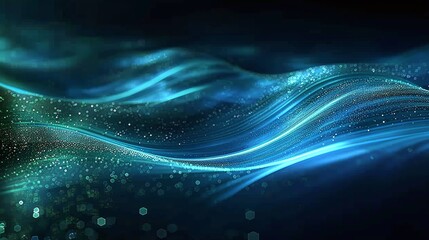 Fototapeta premium Mesmerizing blue waves with sparkling particles, ideal for backgrounds or abstract themes in digital design. Product presentation background.