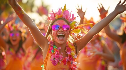 A bright festival scene filled with vivid colors, dancers, and performers, capturing the energy and vibrancy of the celebration,