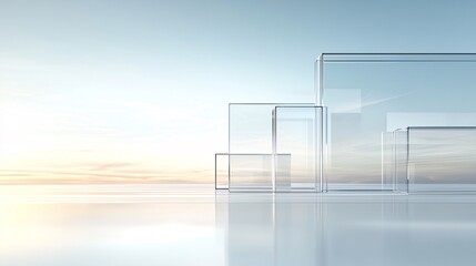 A conceptual image featuring glassmorphism elements like floating glass panels with blurred edges and reflections,