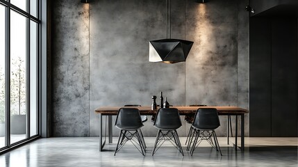 Modern industrial dining space with a metal and wood table, minimalist chairs, and a bold, geometric pendant light, set against a concrete wall backdrop