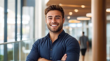 Obraz premium Confident Young Man Smiling in Bright Office Lobby with Flawless Teeth and Natural Look Hands