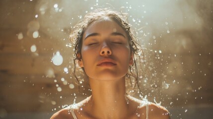 Fototapeta premium Close-up of a serene young woman with closed eyes, her wet hair glistening in the soft, golden light. The bokeh-filled background adds a peaceful, meditative atmosphere