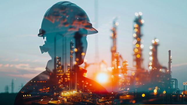 Double exposure of an engineer in a protective helmet against the background of an oil plant. Industry concept.