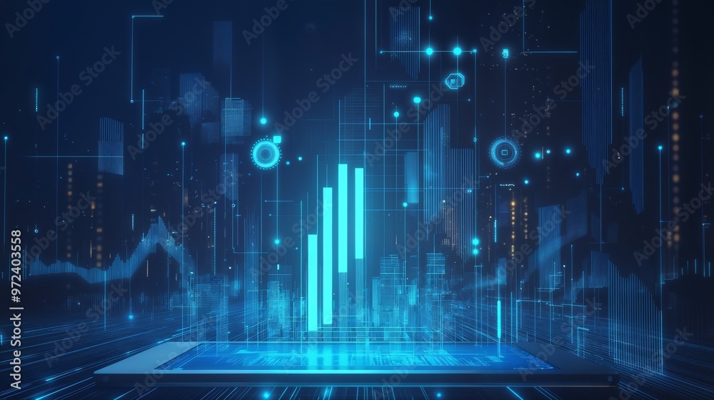 Poster a tablet is in front of a futuristic screen displaying a graph