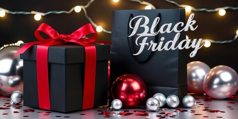 Black Friday Sale Concept with Elegant Gift Box and Shopping Bag on Wooden Table - Festive Background