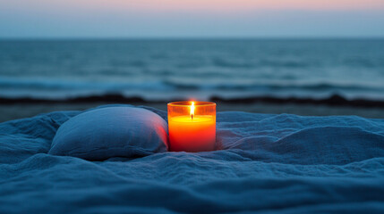 A serene beach scene featuring a glowing candle on a soft blanket at sunset, evoking calmness and relaxation.