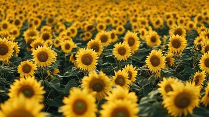 Fototapeta premium Birdâ€™s-eye view of a vast sunflower field, with bright yellow flowers stretching out in every direction, creating a vibrant, sunny landscape. 4K hyperrealistic photo.