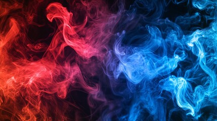 This image shows an intense and dynamic interaction of red and blue abstract smoke with hints of fire, symbolizing energy, contrast, and the interplay of opposing elements.