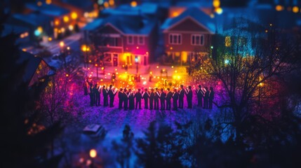 Heatmap of a Christmas caroling group, with vibrant colors around the singers and cooler tones in the surrounding neighborhood. 4K hyperrealistic photo.