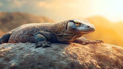 A fierce Komodo dragon basking on a sunlit