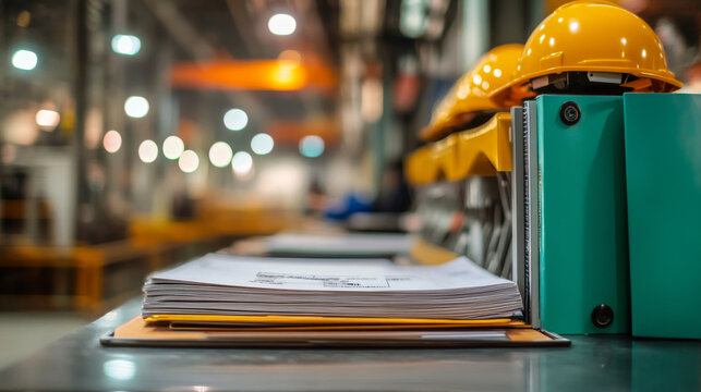 Close-up of safety regulations binder on a factory manager desk