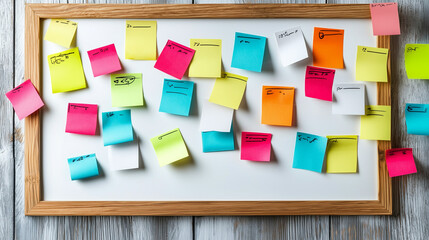 A creative business brainstorming session with sticky notes and mind maps on a whiteboard