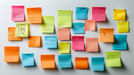 A creative business brainstorming session with sticky notes and mind maps on a whiteboard
