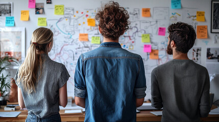 A creative business brainstorming session with sticky notes and mind maps on a whiteboard