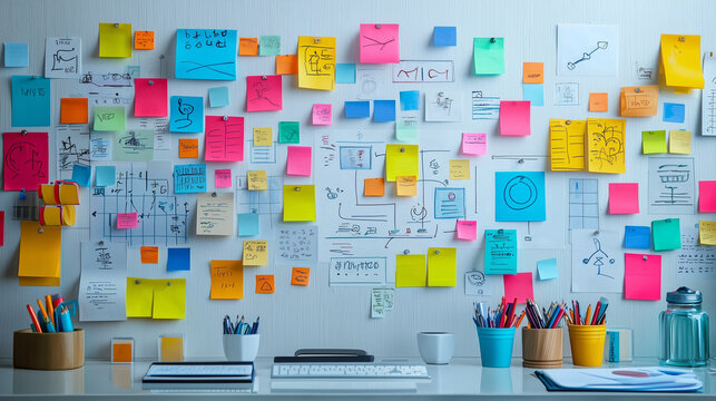 A creative business brainstorming session with sticky notes and mind maps on a whiteboard