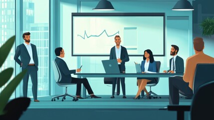 Illustration of a business training session with a coach in a contemporary office setting,