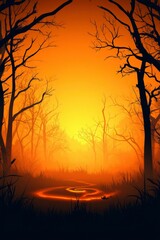 Naklejka premium Silhouette of Bare Trees and a Spiral Shaped Pool in a Foggy Orange Forest