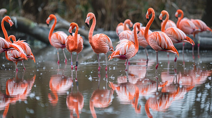 Obraz premium A flamingo flock standing in shallow water