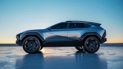 Obraz premium high-resolution technical design of an electric suv concept car in motion, matte gray color with large black plastic wheels, side view profile on white background, minimalist futuristic design