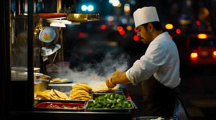 A mexican street vendor prepares tacos diligently at night, surrounded by fresh ingredients, with steam rising in a vibrant urban setting