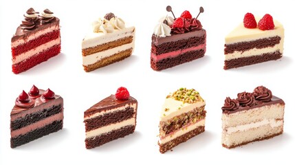 colorful variety of cake slices, including red velvet and chocolate with cream cheese or vanilla buttercream fillings, decorated with raspberries and pistachios, realistic photography isolated