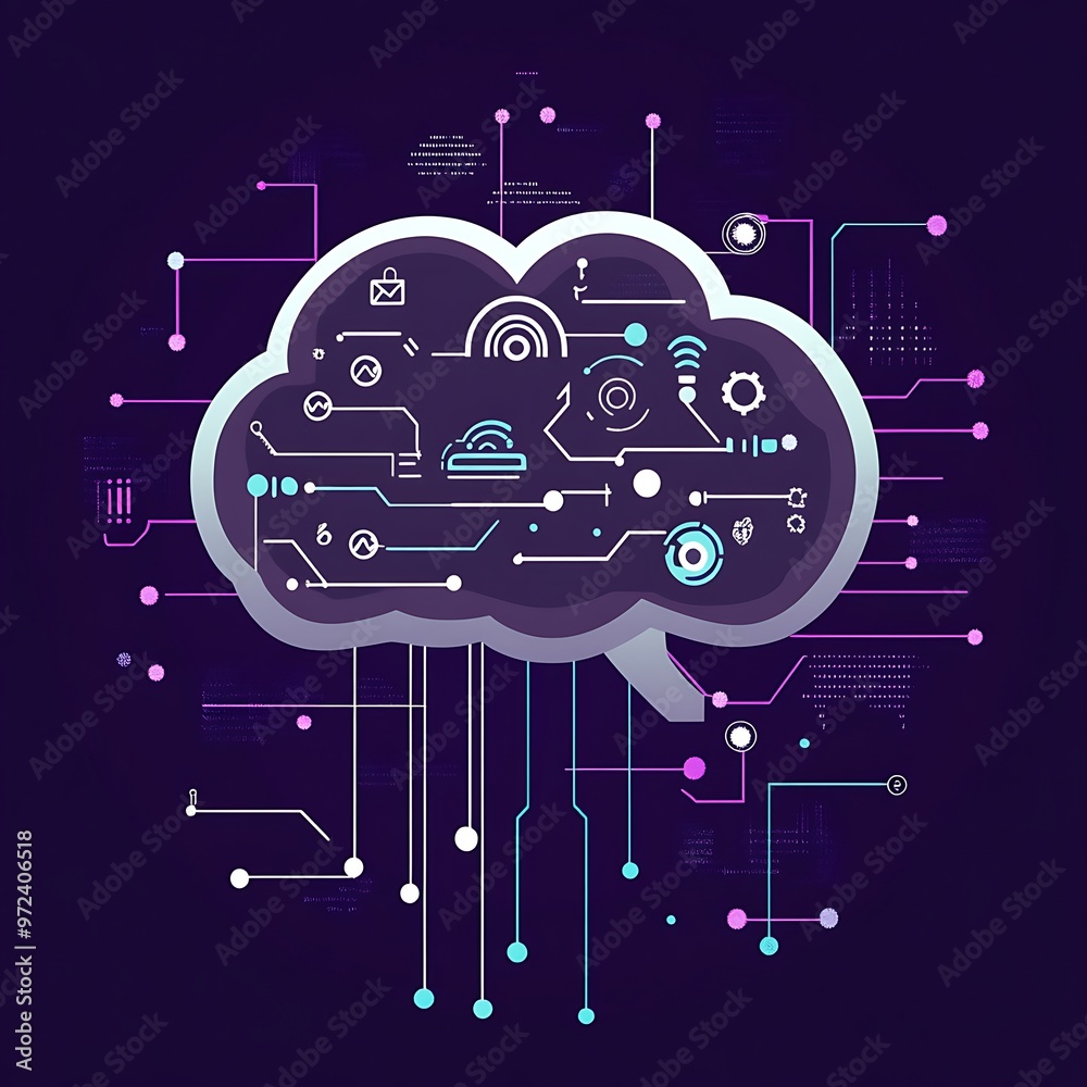 Poster Cloud Computing System with Circuitry and Digital Icons