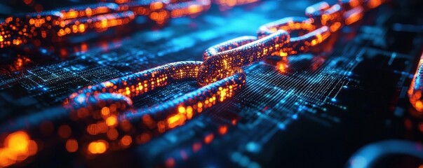 Obraz premium Blockchain network connecting global businesses, symbolizing decentralized economy.