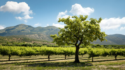 A solitary tree stands out in a picturesque orchard surrounded by lush green rows and mountains under a bright blue sky