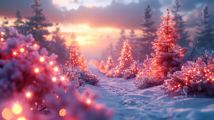 New Year background. Snowy landscape. Many Christmas trees decorated with pink lights against a background of sunset colors. Holiday concept.