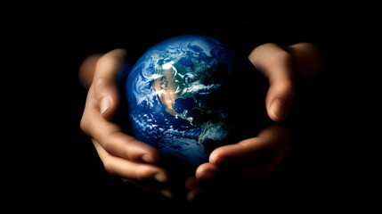 Close-up of hands gently holding a globe with a focus on North and South America showcasing unity and care for the planet