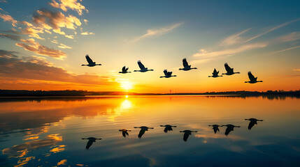 Obraz premium A flock of geese flying in V-formation over a calm lake at sunset, their silhouettes reflected below --wide-angle lens, high-angle shot