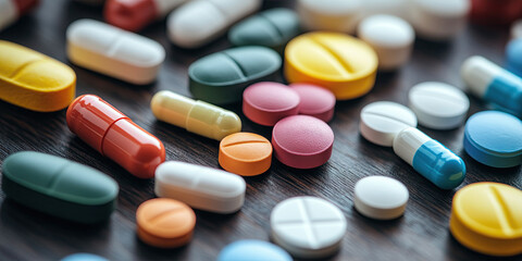 various colorful pills, capsules, and tablets scattered across a dark wooden surface. The different shapes and sizes highlight a variety of medications, representing healthcare and pharmaceuticals