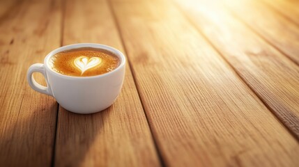 A cup of coffee with a heart drawn on top sitting in front of wood table, AI