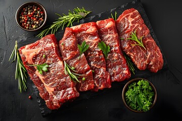 Fresh Raw Beef Steaks with Pepper and Herbs on Rustic Wood Board - Perfect for Culinary Projects and Cooking Designs
