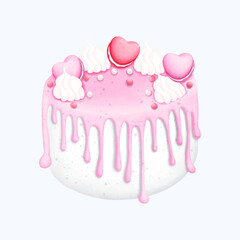 Cute Hand Drawn Watercolor macaron Cake Art | Pink Festive Cake Illustration with Sweet Berries and Frosting