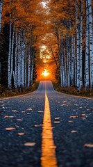 The road is lined with birch trees, the sunset's glow illuminates the autumn leaves on the ground