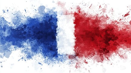 flat vector design of the french flag with watercolor effect, abstract and minimalistic illustration on white background, featuring red, blue, and white brush strokes with soft texture