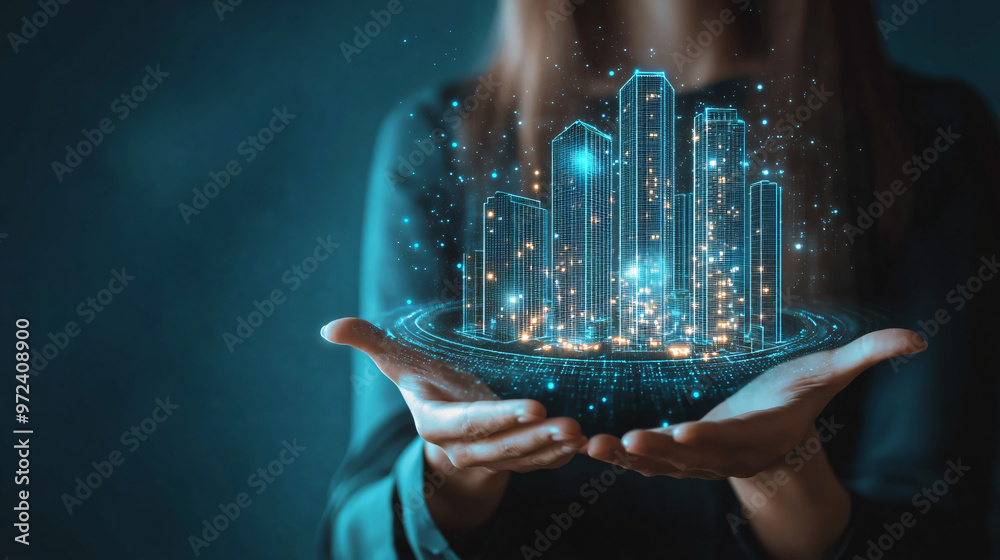 Poster businesswoman holds a holographic smart city display made of binary code and glowing lights