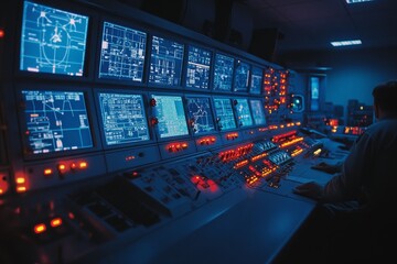 Control room filled with monitors displaying data and graphics in a dimly lit environment during a late-night operation