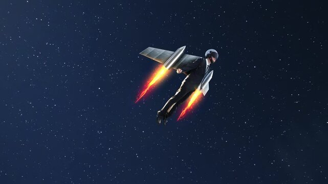 Businessman flying with jetpack in space
