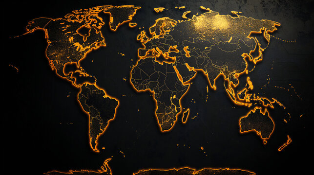 Fototapeta 2D flat world map with the background in black and illuminated orange-gold outlines of continents and countries