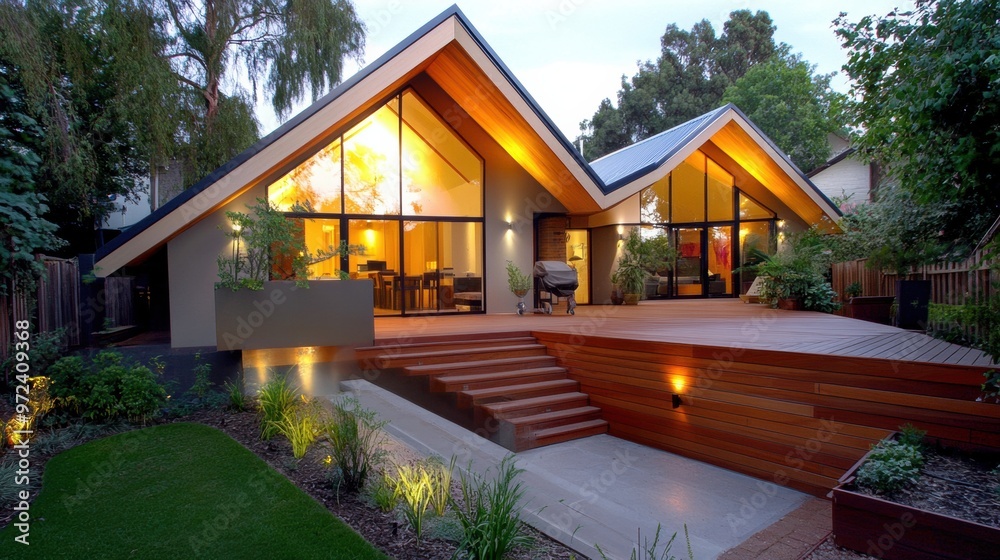 Poster A house with a deck and stairs leading to the front door, AI