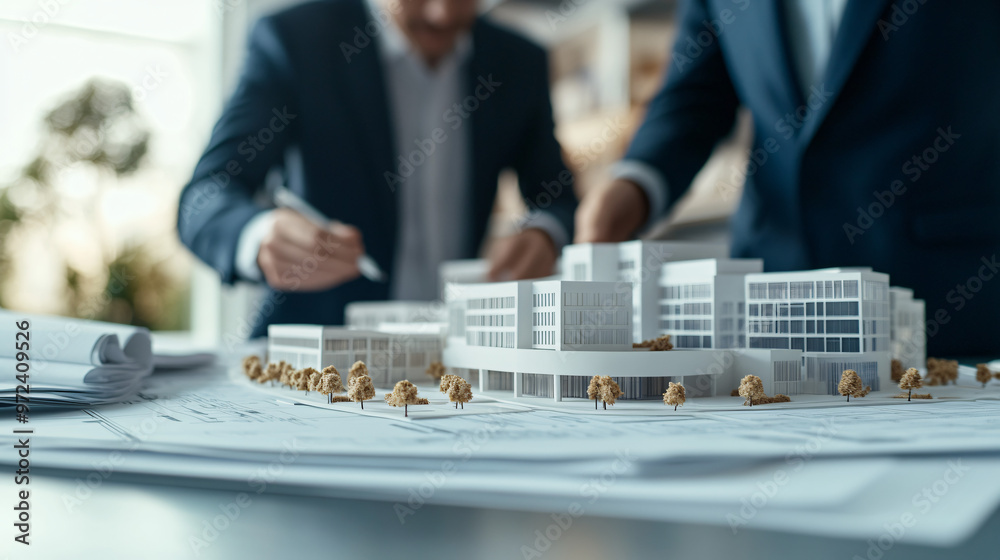 Aufkleber two architects are discussing over architectural plans, with a scale model of a building complex