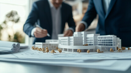 Two architects are discussing over architectural plans, with a scale model of a building complex