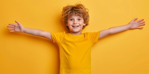 Pre-teen boy showing ad idea on yellow background. Bright and happy youth concept perfect for educational campaigns, children’s content, and advertising promotions.