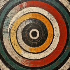 A rustic, textured illustration of concentric circles resembling a seismic intensity scale, featuring earthy tones of red, yellow, teal, and black with a distressed, grungy appearance