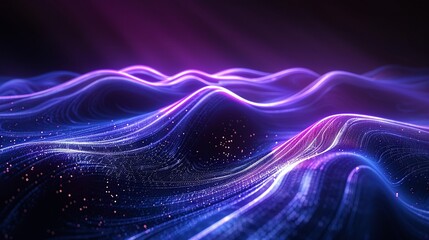 Obraz premium Vibrant digital waves of light create a stunning visual experience, evoking motion and depth in a cosmic space. Product presentation background.